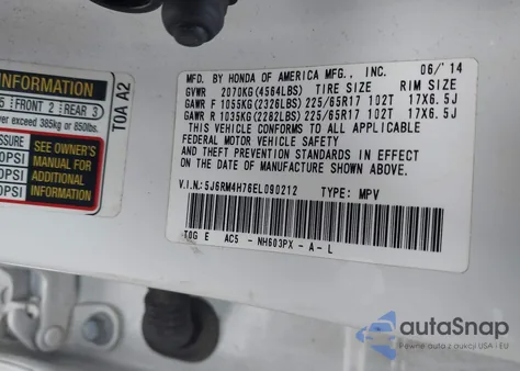 2014 Honda Cr-V Exl z USA, uszkodzony, nr VIN 5J6RM4H76EL090212